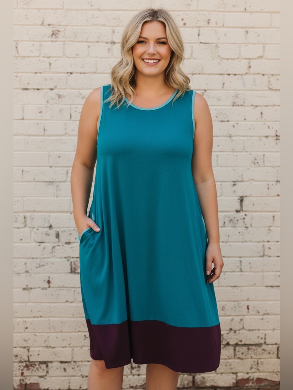 NEW Sleeveless Color Block Midi Dress with Pockets in Shades of Blue Size XL